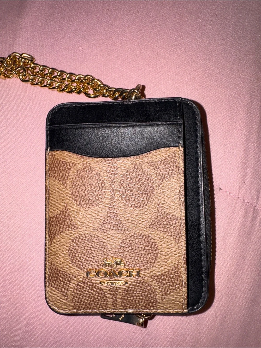 Coach Brown Signature Card Holder with Black Trim and Gold Chain